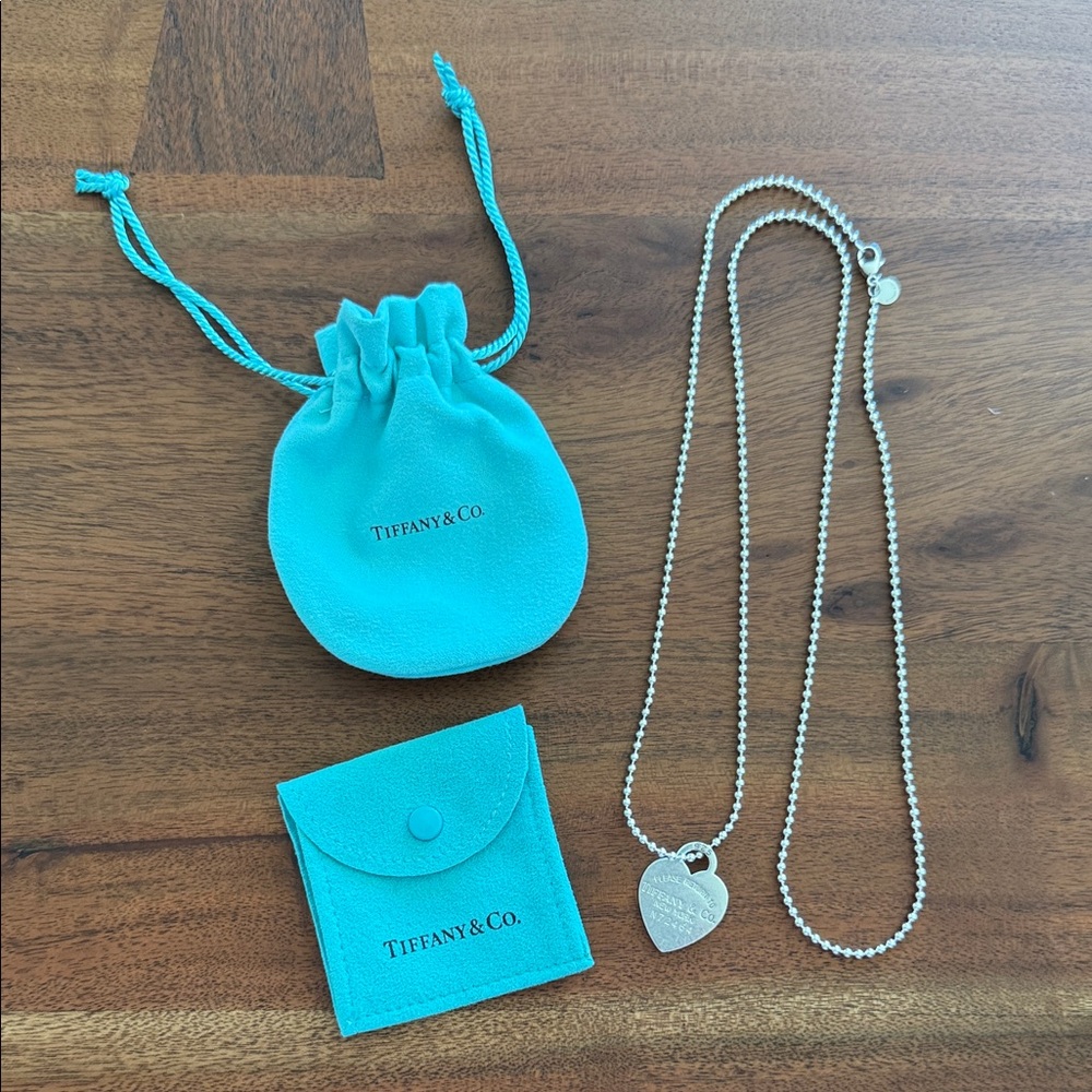 Tiffany & Co. Vintage Heart Tag Pendant On Long Beaded Chain Necklace